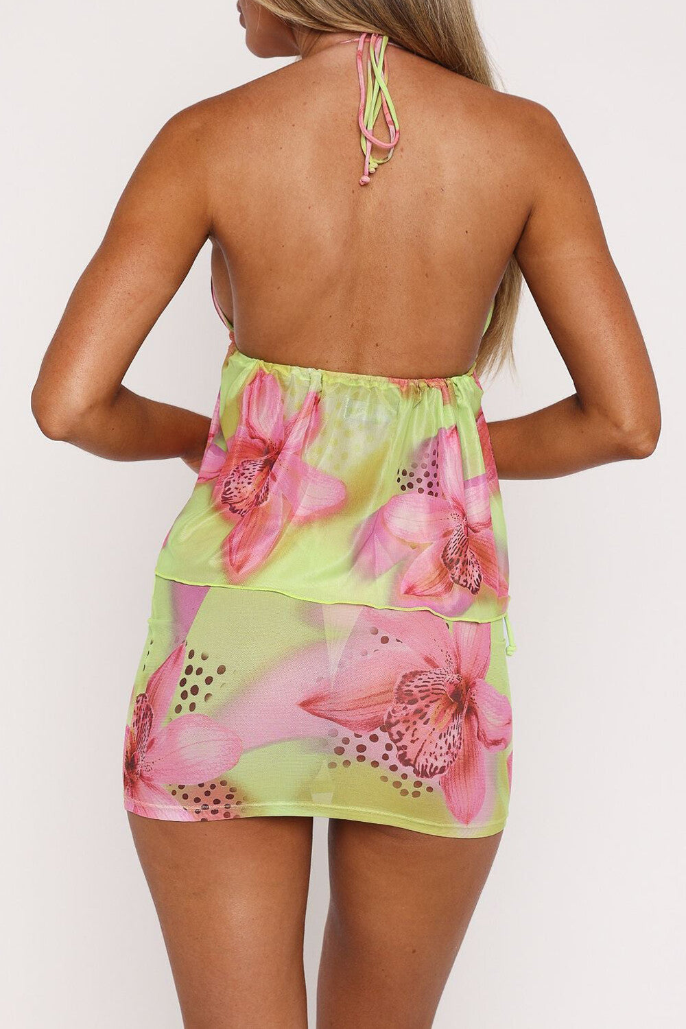 Floral Print Tie Up Halter Top Bodycon Mini Skirt 2pcs Set Yellow