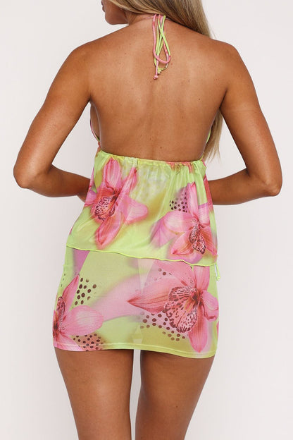 Floral Print Tie Up Halter Top Bodycon Mini Skirt 2pcs Set Yellow