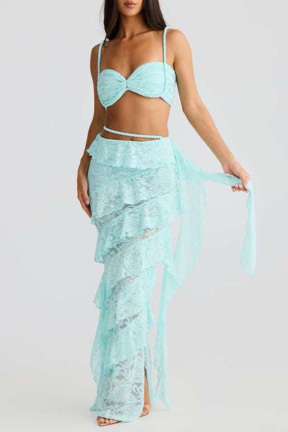 Lace Crop Cami Tiered Ruffled Streamer Maxi Skirt 2pcs Set Blue