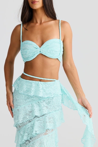 Lace Crop Cami Tiered Ruffled Streamer Maxi Skirt 2pcs Set Blue