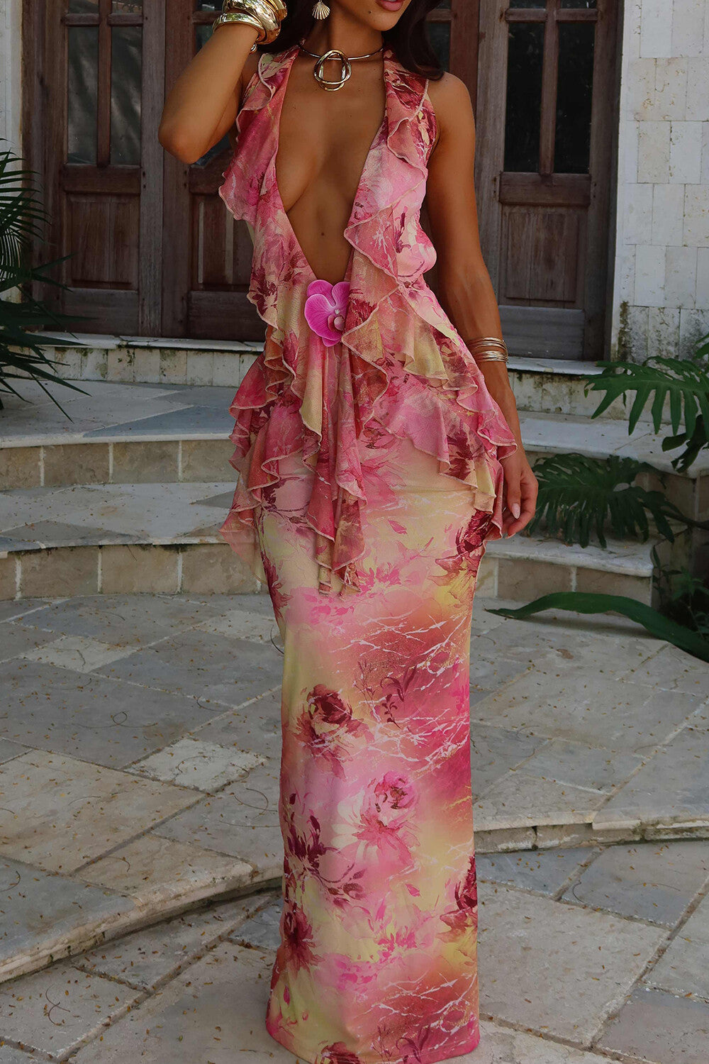 Plunge Neck Backless Floral Print Ruffled Maxi Dresses Pink [Pre Order]