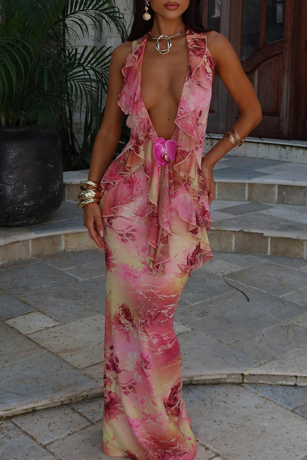 Plunge Neck Backless Floral Print Ruffled Maxi Dresses Pink [Pre Order]