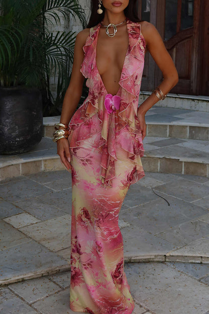Plunge Neck Backless Floral Print Ruffled Maxi Dresses Pink [Pre Order]