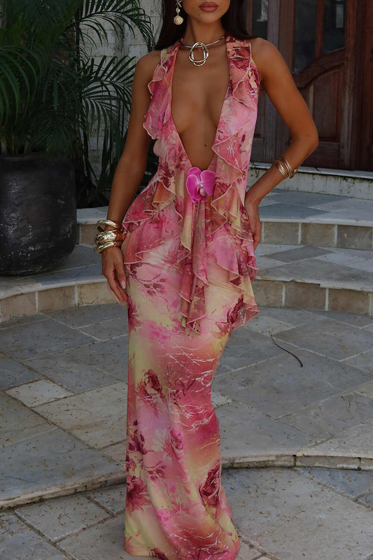 Plunge Neck Backless Floral Print Ruffled Maxi Dresses Pink [Pre Order]
