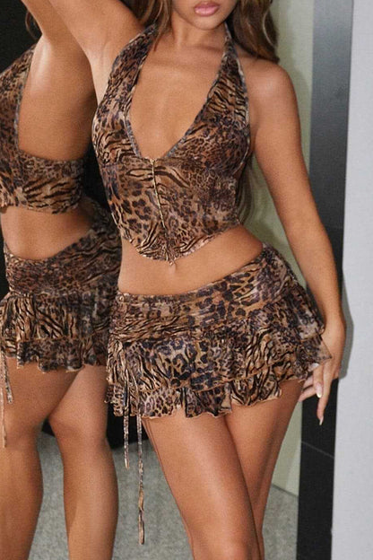 Leopard Print Halter Plunge Neck Crop Top Ruffled Mini Skirt 2pcs Set Brown