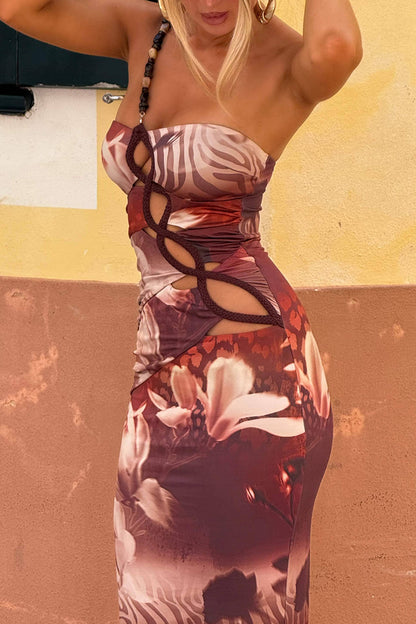 One Shoulder Cutout Floral Print Slim Vacay Maxi Dresses-Brown [Pre Order]