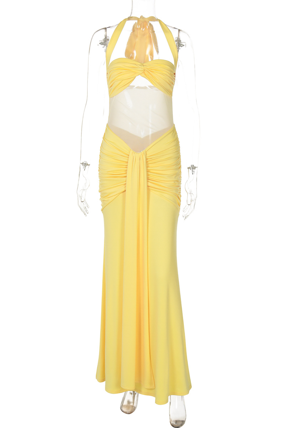 Sheer Mesh Patchwork Ruched Bodycon Sash Halter Maxi Dresses-Yellow