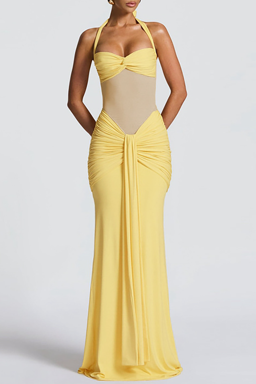 Sheer Mesh Patchwork Ruched Bodycon Sash Halter Maxi Dresses-Yellow