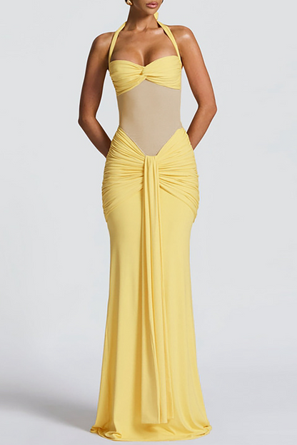 Sheer Mesh Patchwork Ruched Bodycon Sash Halter Maxi Dresses-Yellow