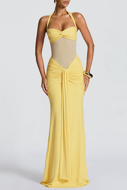 Sheer Mesh Patchwork Ruched Bodycon Sash Halter Maxi Dresses-Yellow
