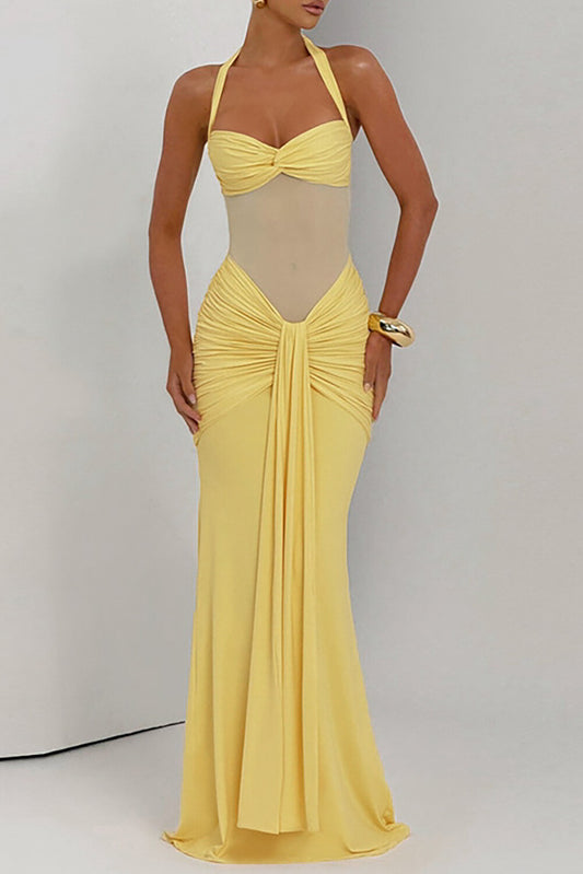 Sheer Mesh Patchwork Ruched Bodycon Sash Halter Maxi Dresses-Yellow