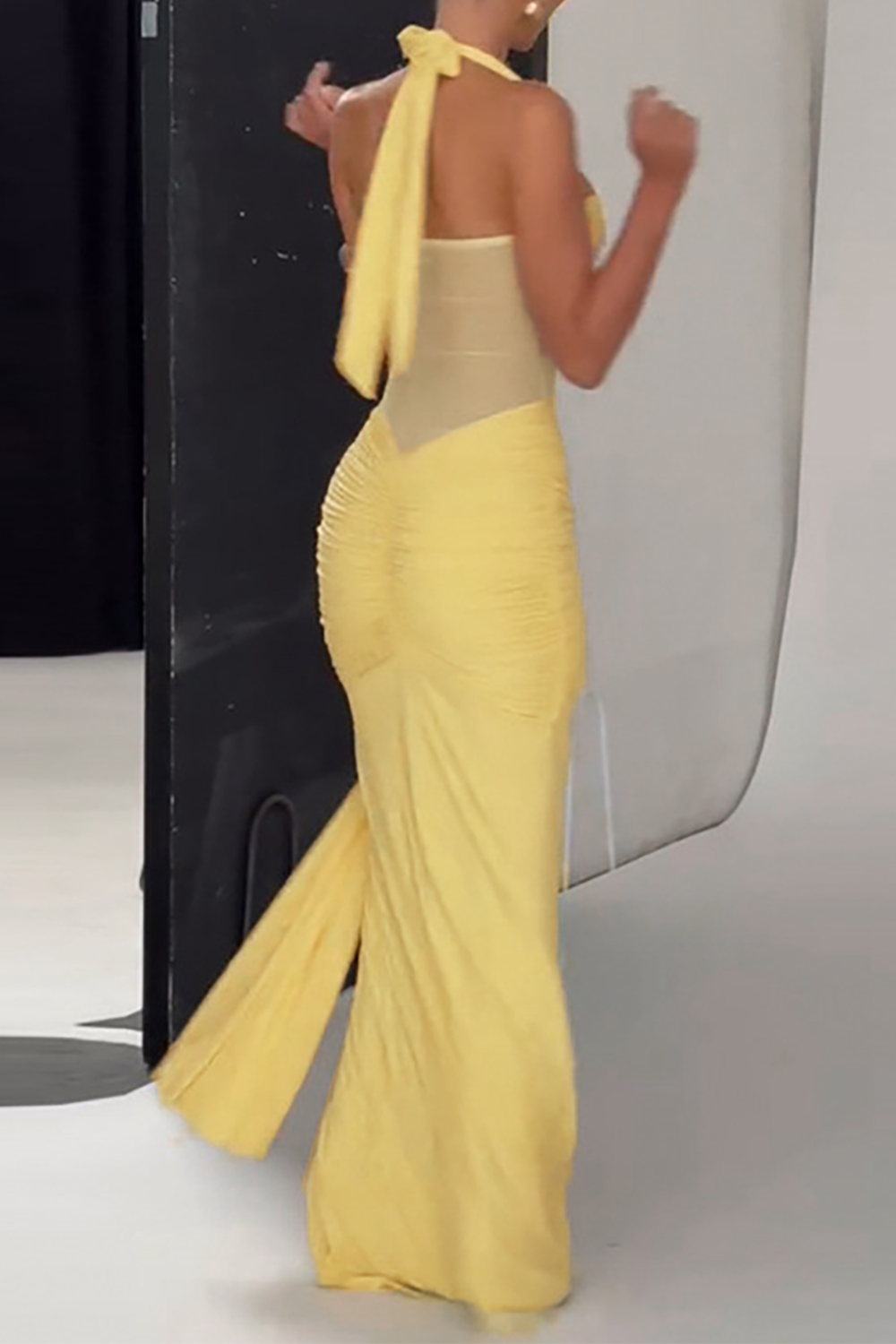Sheer Mesh Patchwork Ruched Bodycon Sash Halter Maxi Dresses-Yellow