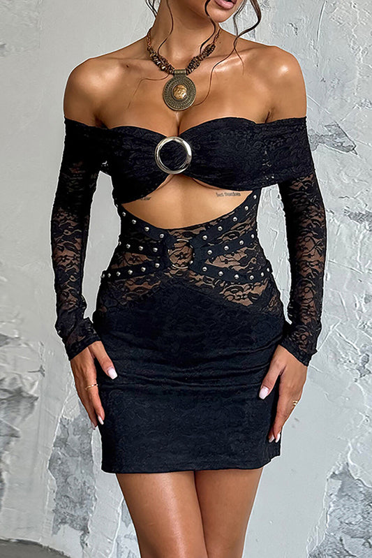 Off Shoulder Long Sleeve O-Ring Decor Cutout Bodycon Lace Mini Dresses-Black