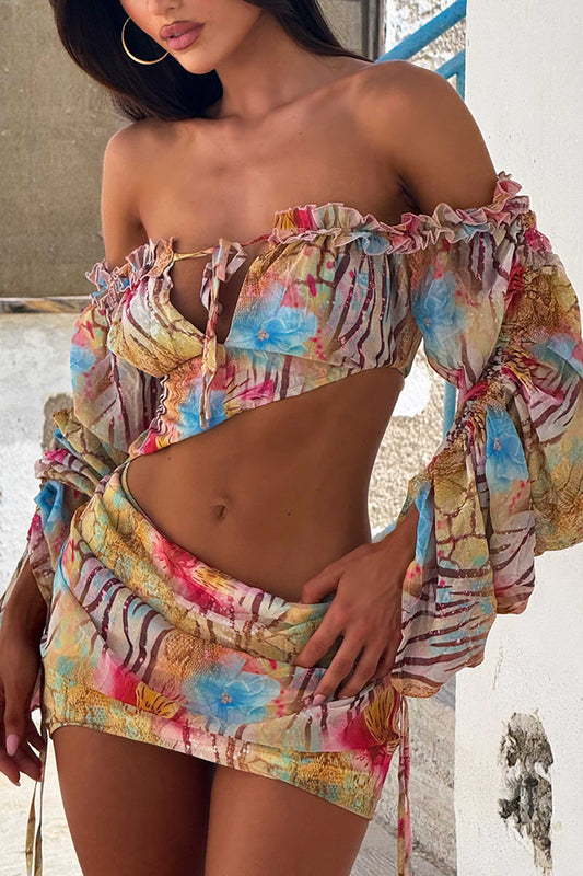 Ruffle Off Shoulder Top Print Slim Mini Skirt 2pcs Set-Multicolor [Pre Order]