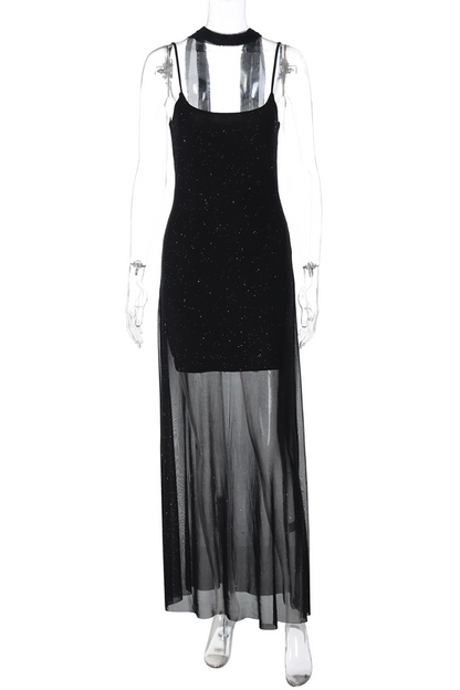 Shimmering Bodycon See Through Mesh Patchwork Hem Slip Maxi Dresses-Black