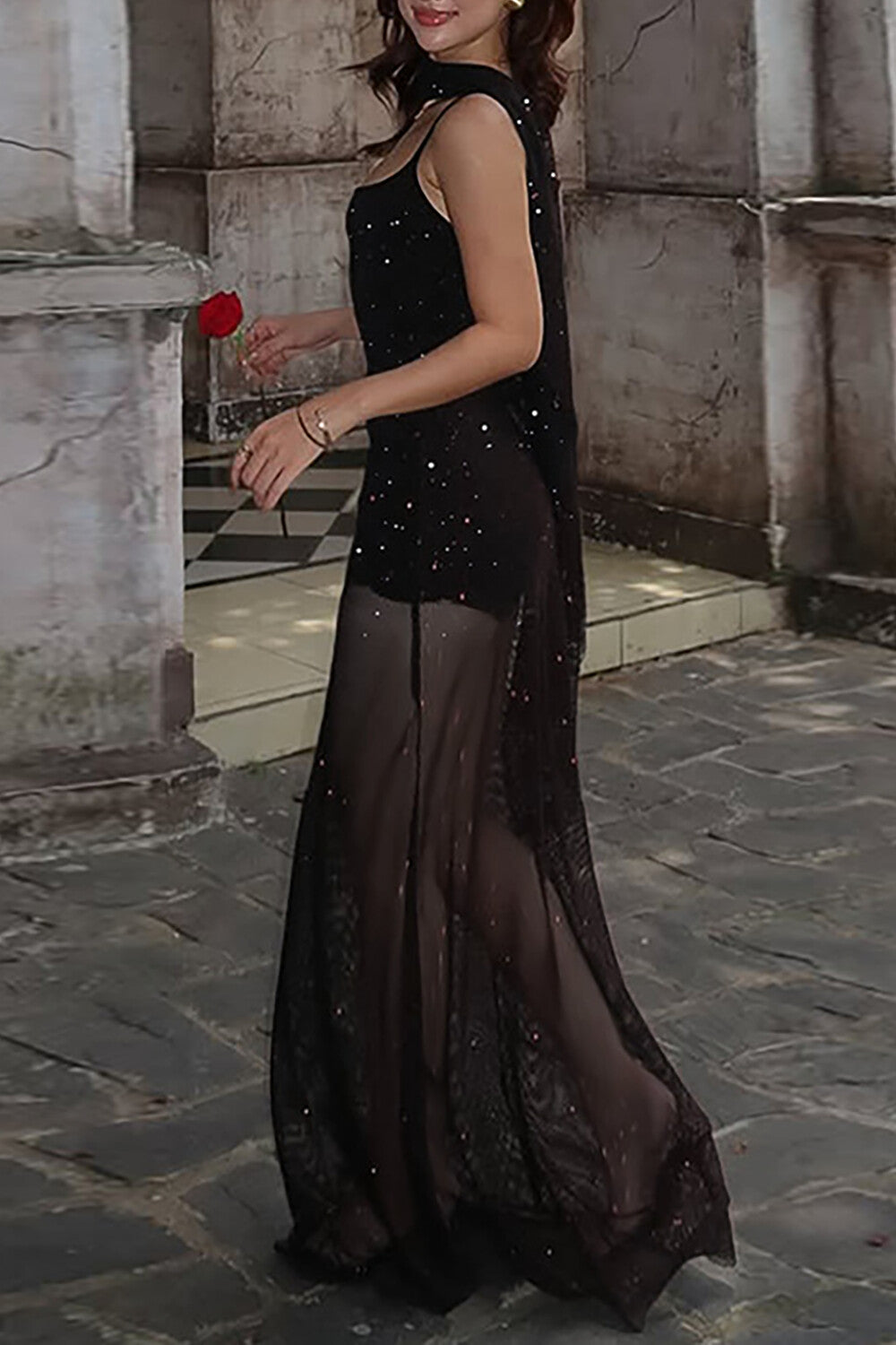 Shimmering Bodycon See Through Mesh Patchwork Hem Slip Maxi Dresses-Black