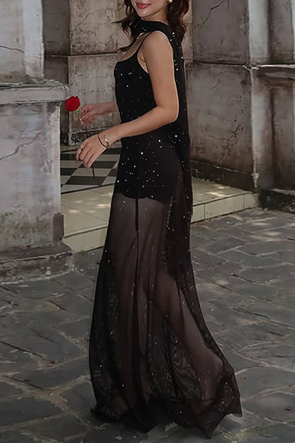 Shimmering Bodycon See Through Mesh Patchwork Hem Slip Maxi Dresses-Black