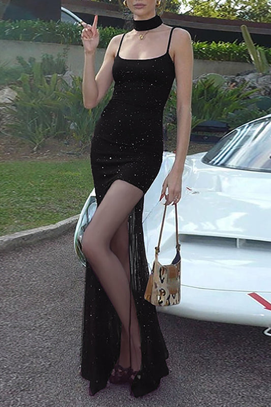 Shimmering Bodycon See Through Mesh Patchwork Hem Slip Maxi Dresses-Black