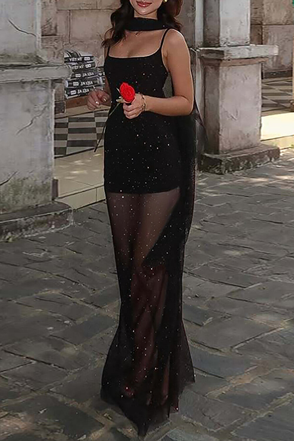 Shimmering Bodycon See Through Mesh Patchwork Hem Slip Maxi Dresses-Black