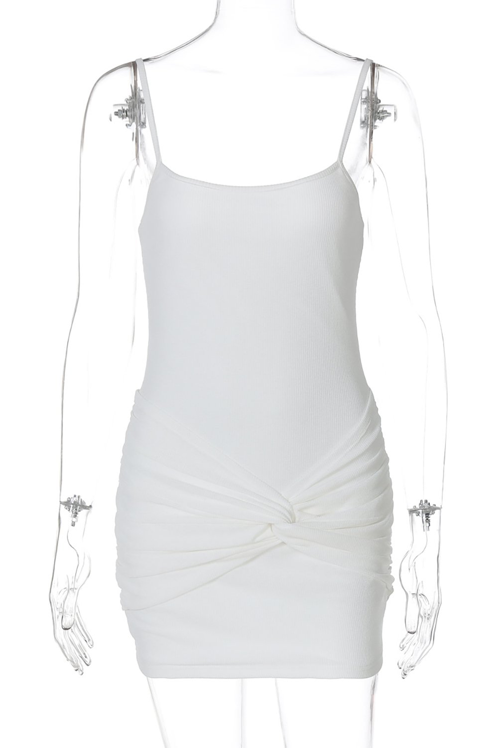 Twisted Ruched Bodycon Solid Color Slip Mini Dresses-White