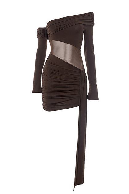 Off Shoulder Long Sleeve Sheer Waist Ruched Fitted Sash Mini Dresses-Brown