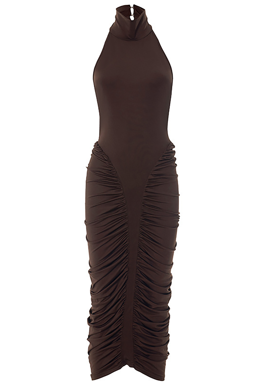 High Neck Halter Ruched Bodycon Solid Color Midi Dresses-Brown