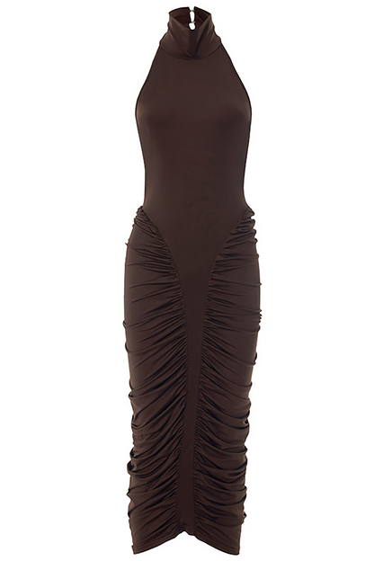 High Neck Halter Ruched Bodycon Solid Color Midi Dresses-Brown