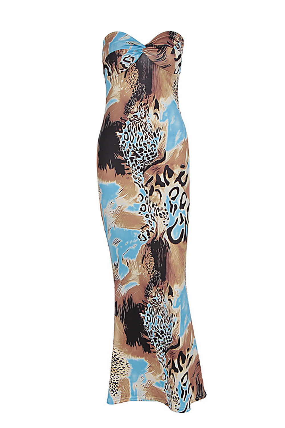 Leopard Mixed Print Strapless Bodycon Fishtail Hem Maxi Dresses-Blue