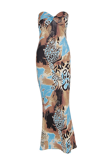 Leopard Mixed Print Strapless Bodycon Fishtail Hem Maxi Dresses-Blue