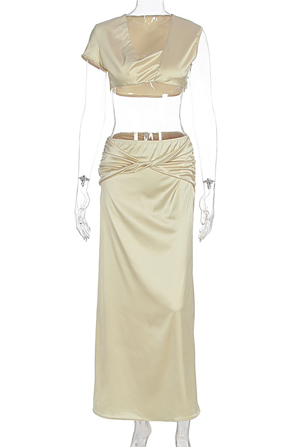 Cowl Neckline Crop Top Solid Color Twisted Maxi Skirt Set-LightYellow