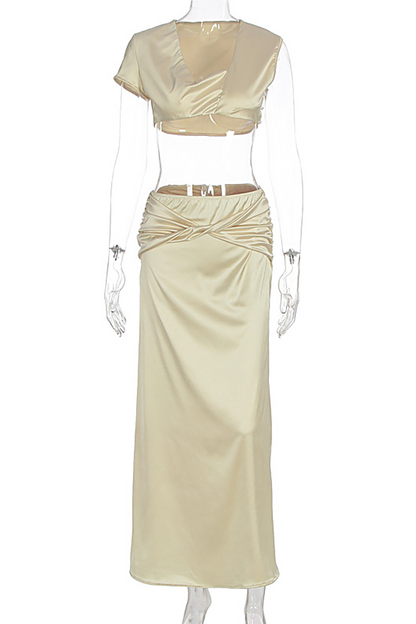 Cowl Neckline Crop Top Solid Color Twisted Maxi Skirt Set-LightYellow