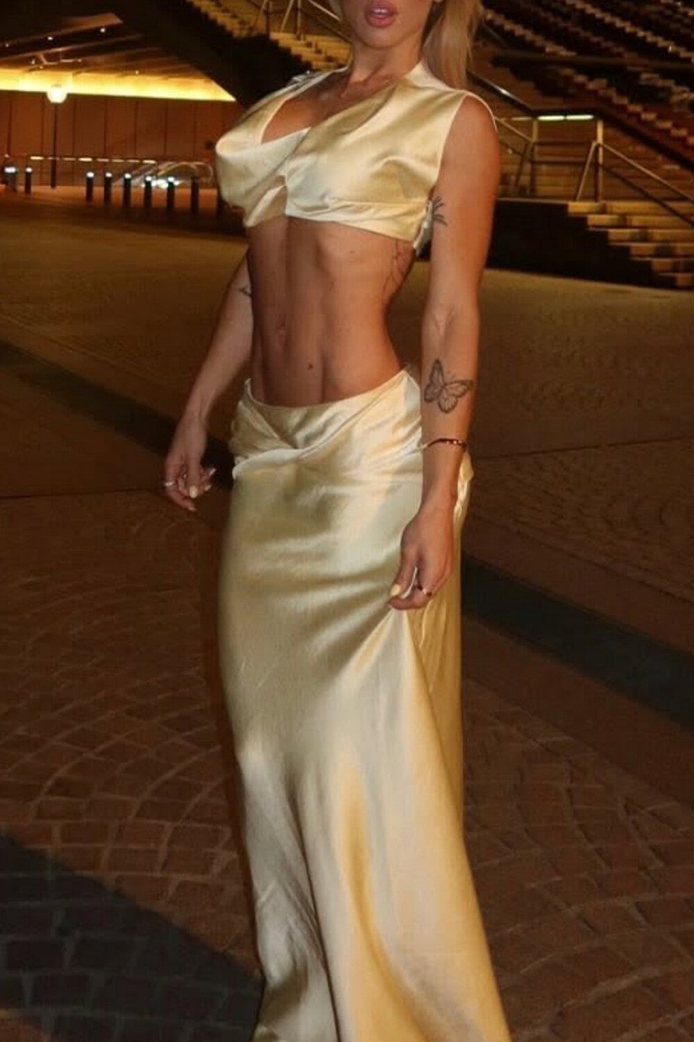 Cowl Neckline Crop Top Solid Color Twisted Maxi Skirt Set-LightYellow