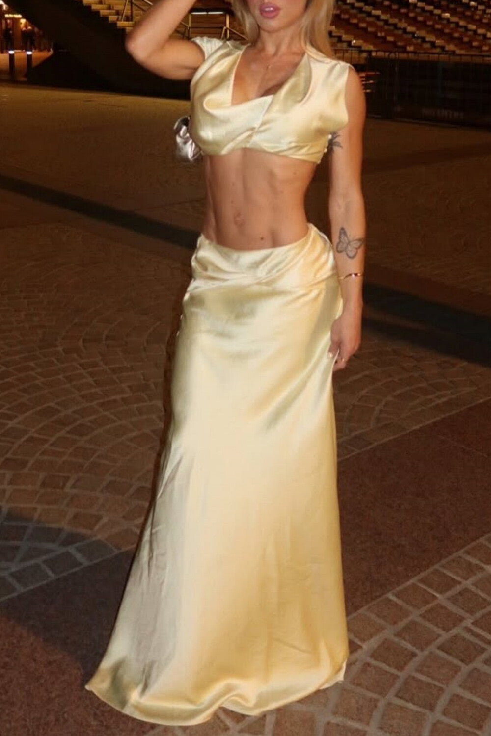 Cowl Neckline Crop Top Solid Color Twisted Maxi Skirt Set-LightYellow
