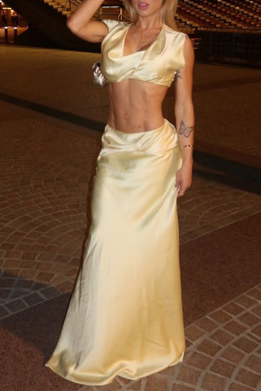 Cowl Neckline Crop Top Solid Color Twisted Maxi Skirt Set-LightYellow