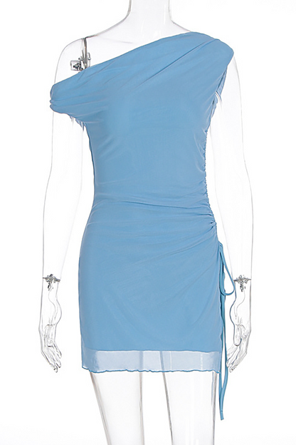 Skew Neck Sleeveless Drawstring Ruched Solid Color Mini Dresses-Blue