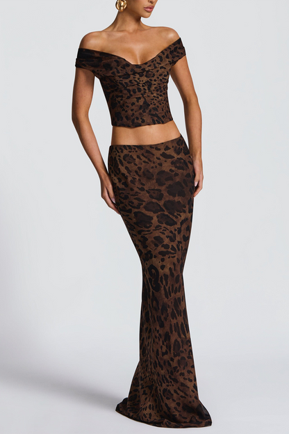 Leopard Print Off Shoulder Crop Top Slim Fit Maxi Skirt 2pcs Set-Brown