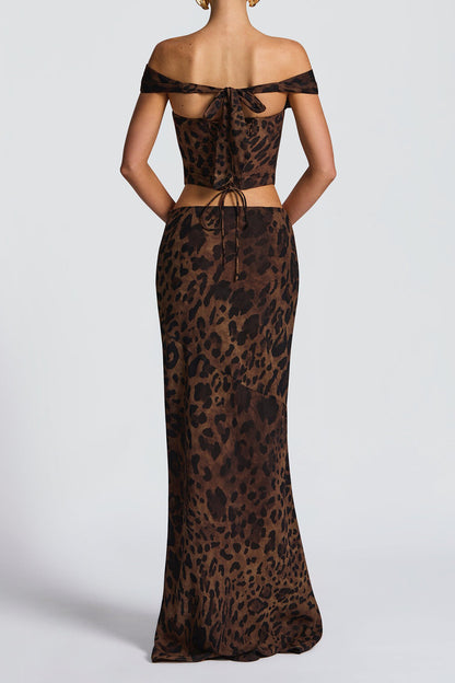 Leopard Print Off Shoulder Crop Top Slim Fit Maxi Skirt 2pcs Set-Brown