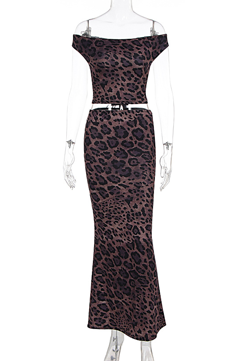 Leopard Print Off Shoulder Crop Top Slim Fit Maxi Skirt 2pcs Set-Brown