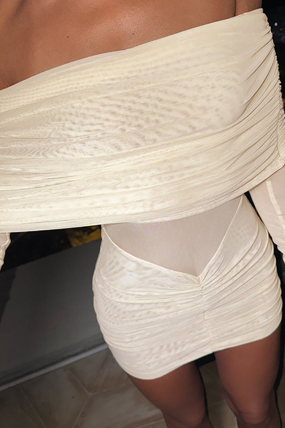 Overlay Design Off Shoulder Long Sleeve Ruched Mesh Fitted Mini Dresses-Beige