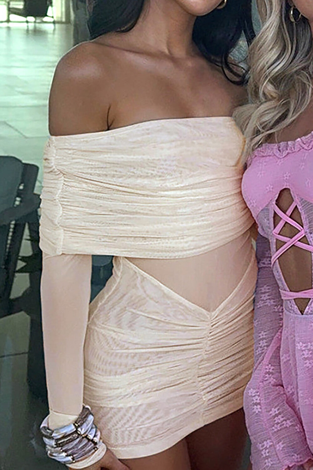 Overlay Design Off Shoulder Long Sleeve Ruched Mesh Fitted Mini Dresses-Beige