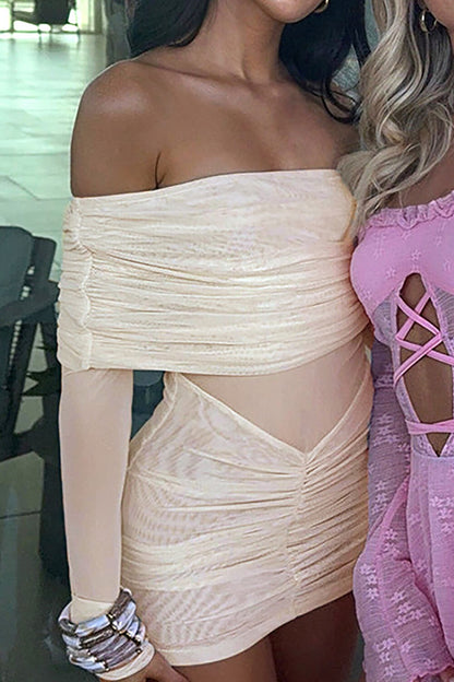 Overlay Design Off Shoulder Long Sleeve Ruched Mesh Fitted Mini Dresses-Beige