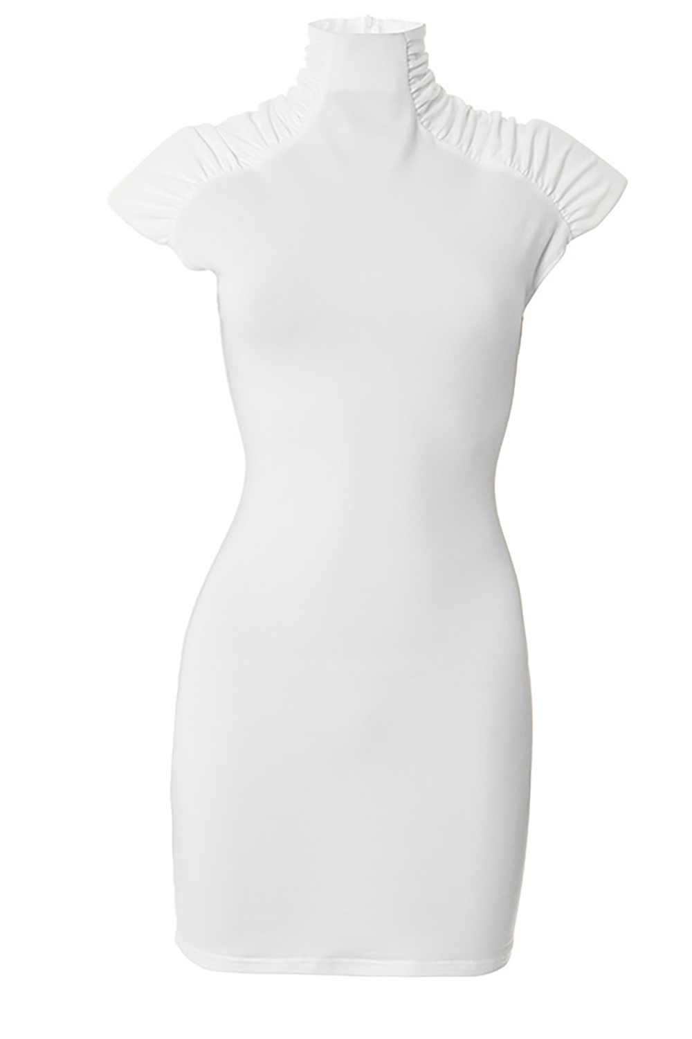 High Neck Ruched Short Sleeve Bodycon Solid Color Mini Dresses-White