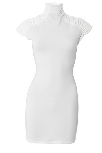 High Neck Ruched Short Sleeve Bodycon Solid Color Mini Dresses-White