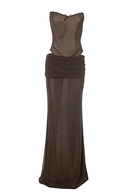 Strapless Corset Bodysuit Ruched Mesh Slim Fit Maxi Skirt 2pcs Set-Brown