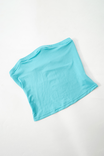 Crop Tube Top Stand Collar Overlay Ruched Irregular Mini Skirt 2pcs Set-Blue
