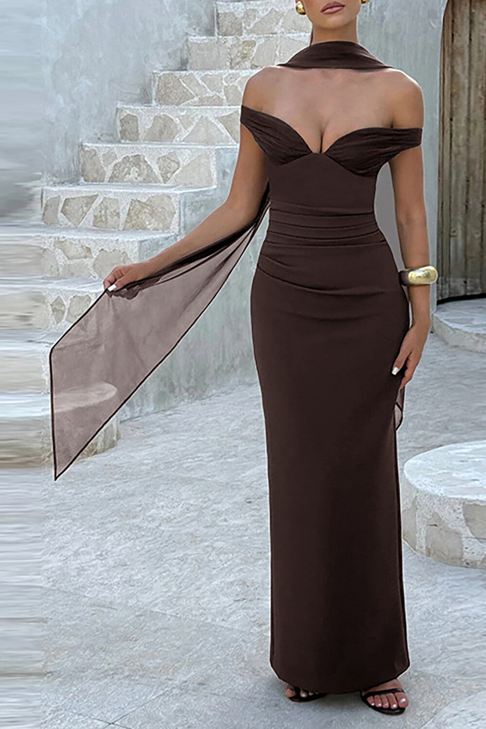 Off Shoulder V Neckline Ruched Slim Fit Solid Color Maxi Dresses-Pink
