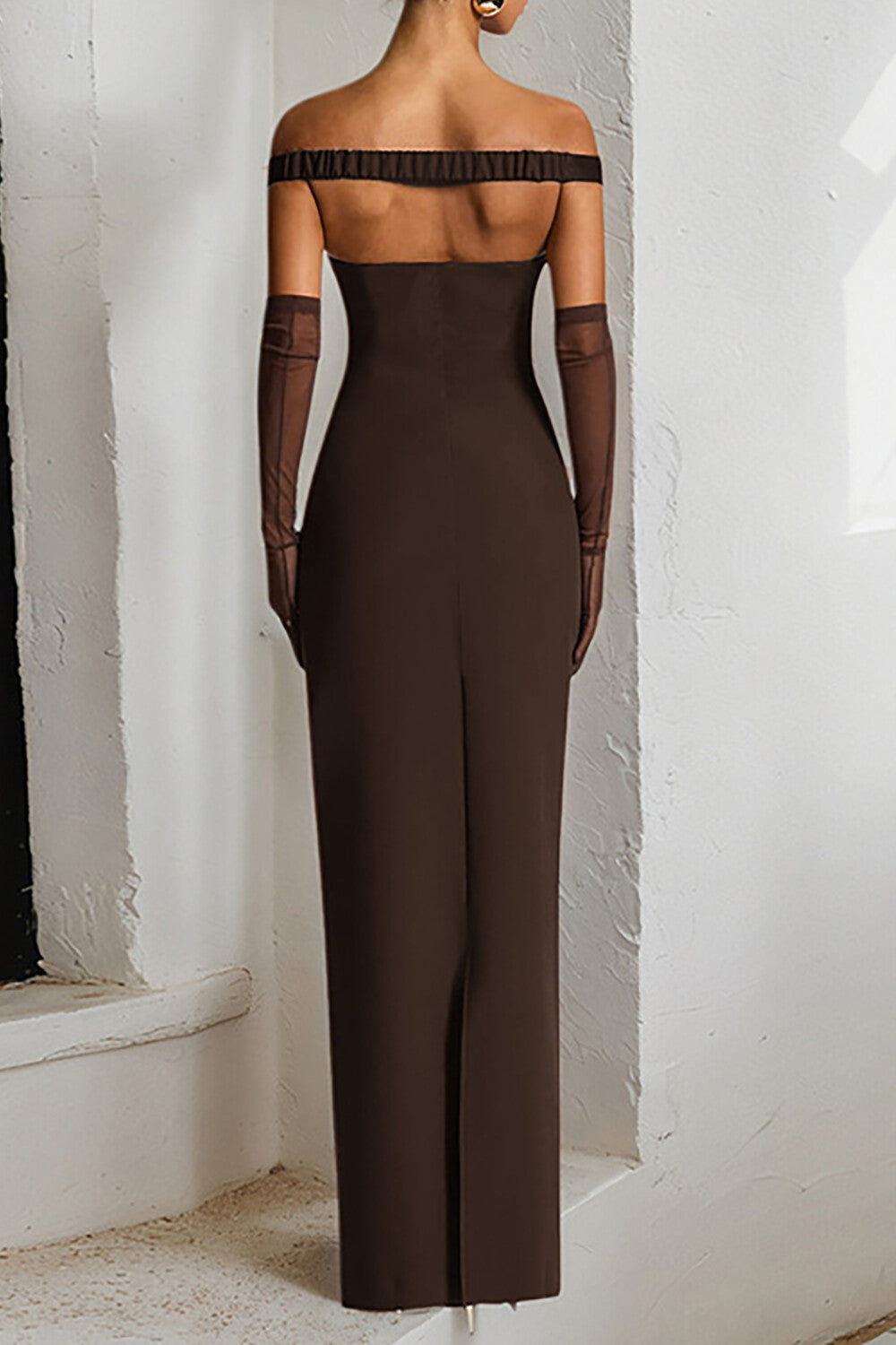 Off Shoulder V Neckline Ruched Slim Fit Solid Color Maxi Dresses-Pink