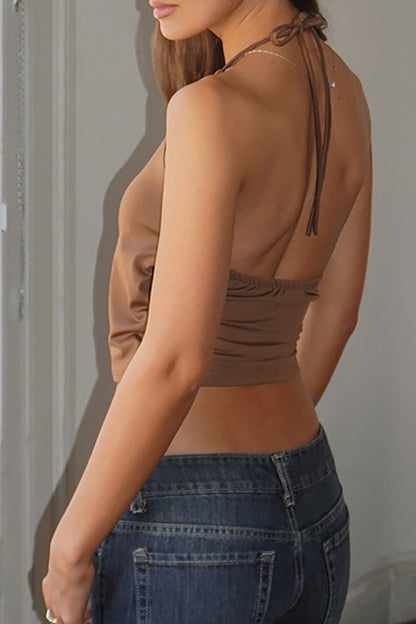 Deep V Neck Halter Metal Decor Wrapped Ruched Slim Fit Crop Top-Burgundy