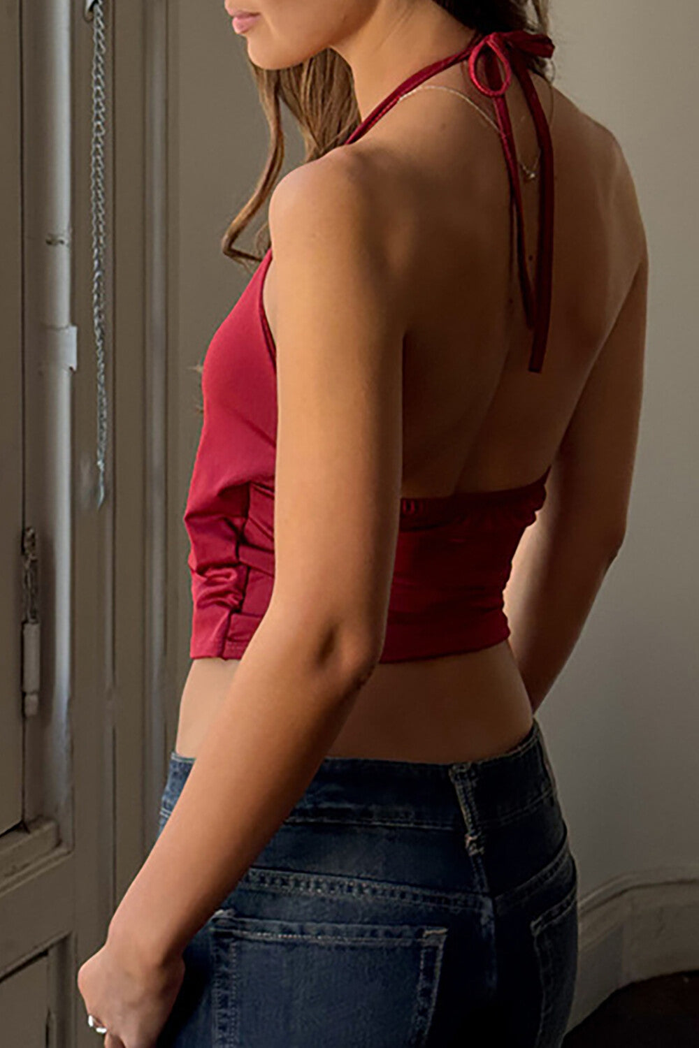 Deep V Neck Halter Metal Decor Wrapped Ruched Slim Fit Crop Top-Burgundy