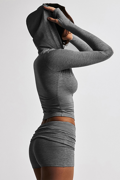 Zipper Long Sleeve Hoodie Solid Color Ruched Slim Fit Shorts 2pcs Set-Gray